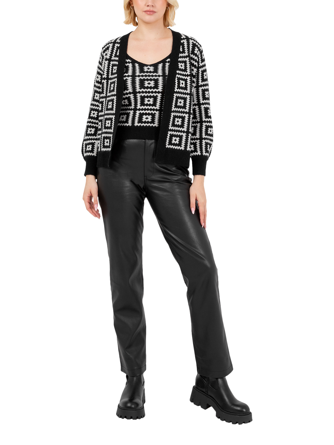 Product image 1 of 10, which shows Lovedrobe Geometric Knit Crop Top & Cardigan Set, Black, 8-10