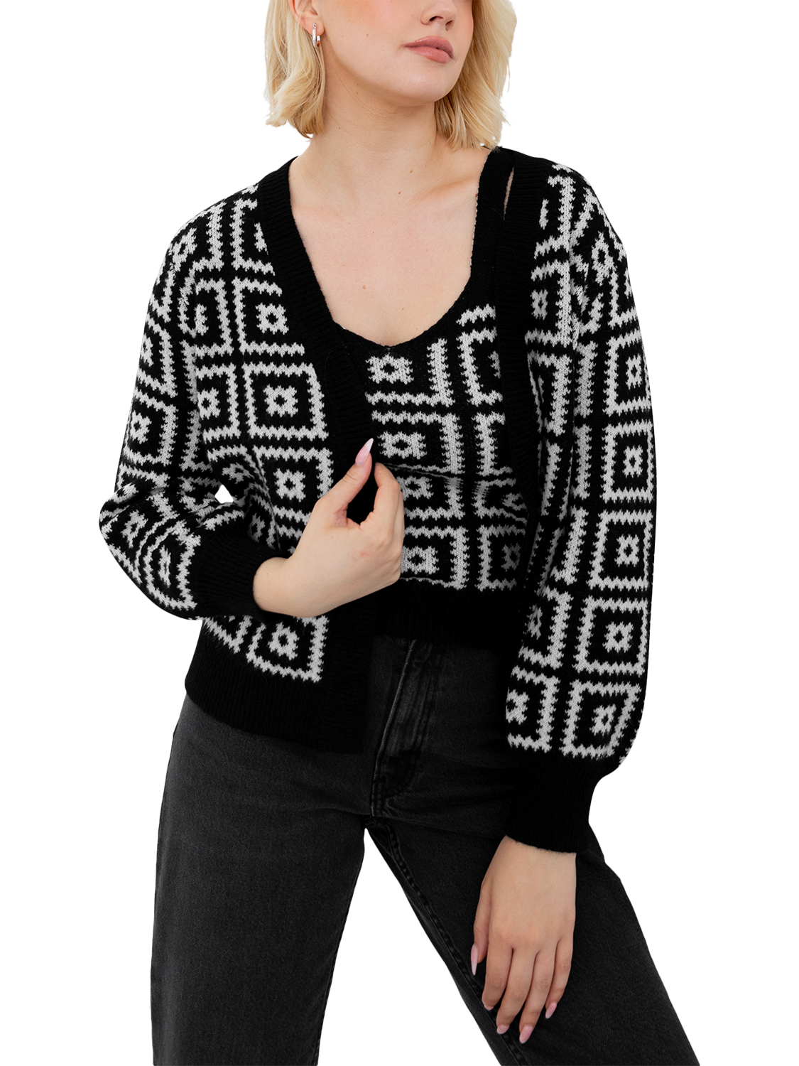 Product image 10 of 10, which shows Lovedrobe Geometric Knit Crop Top & Cardigan Set, Black, 8-10