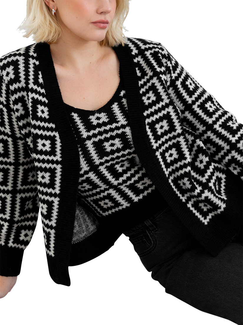 Product image 6 of 10, which shows Lovedrobe Geometric Knit Crop Top & Cardigan Set, Black, 8-10