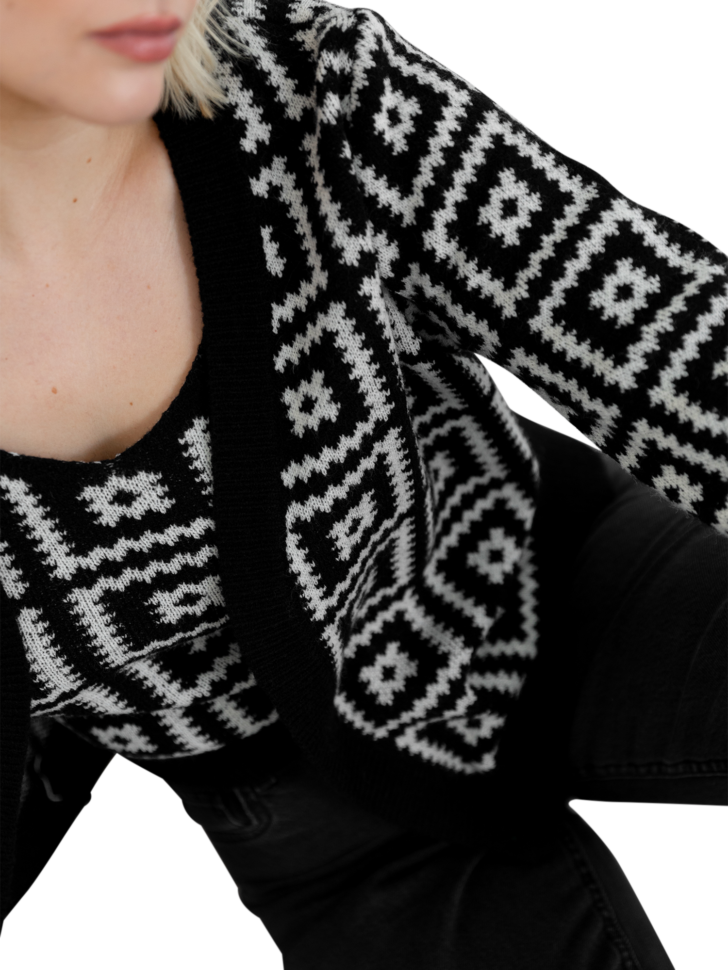 Product image 7 of 10, which shows Lovedrobe Geometric Knit Crop Top & Cardigan Set, Black, 8-10