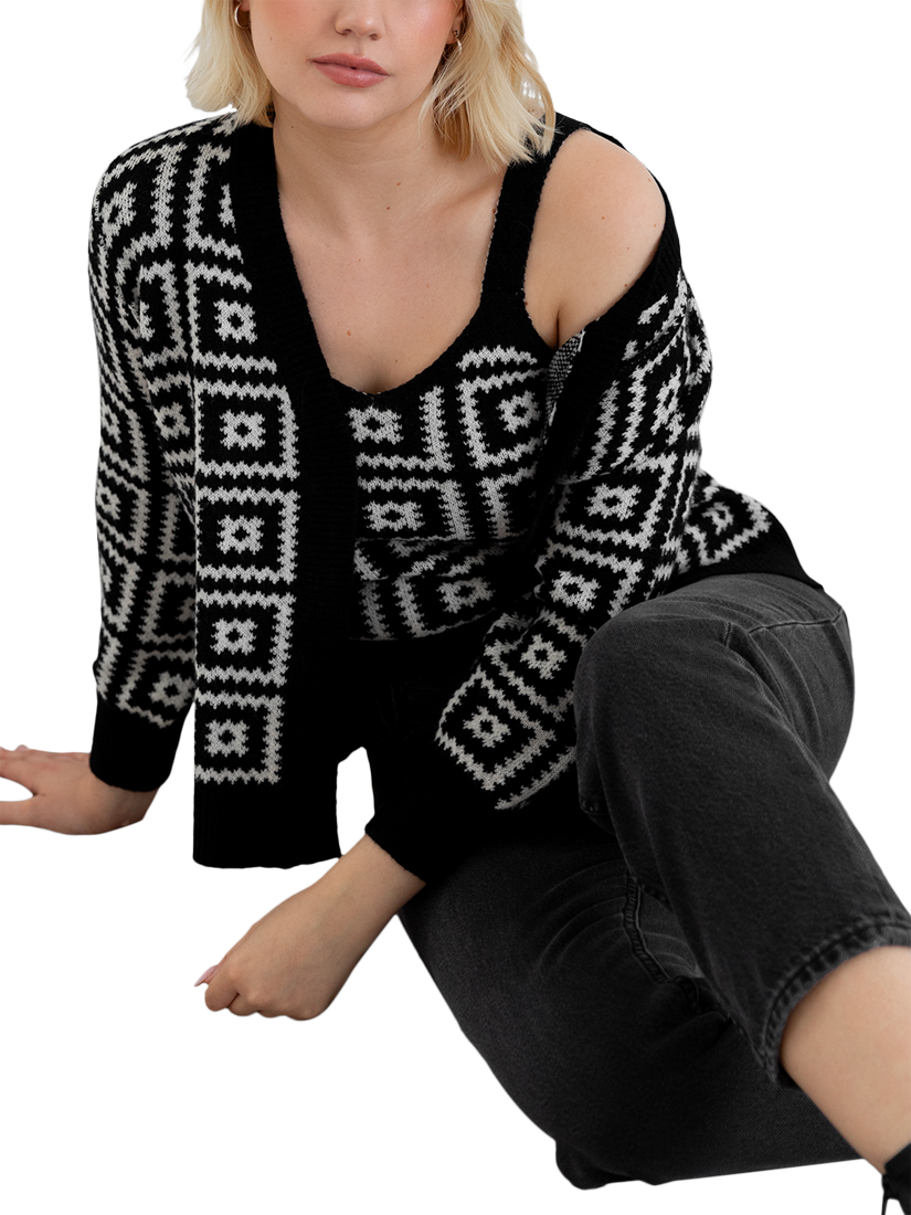 Product image 8 of 10, which shows Lovedrobe Geometric Knit Crop Top & Cardigan Set, Black, 8-10