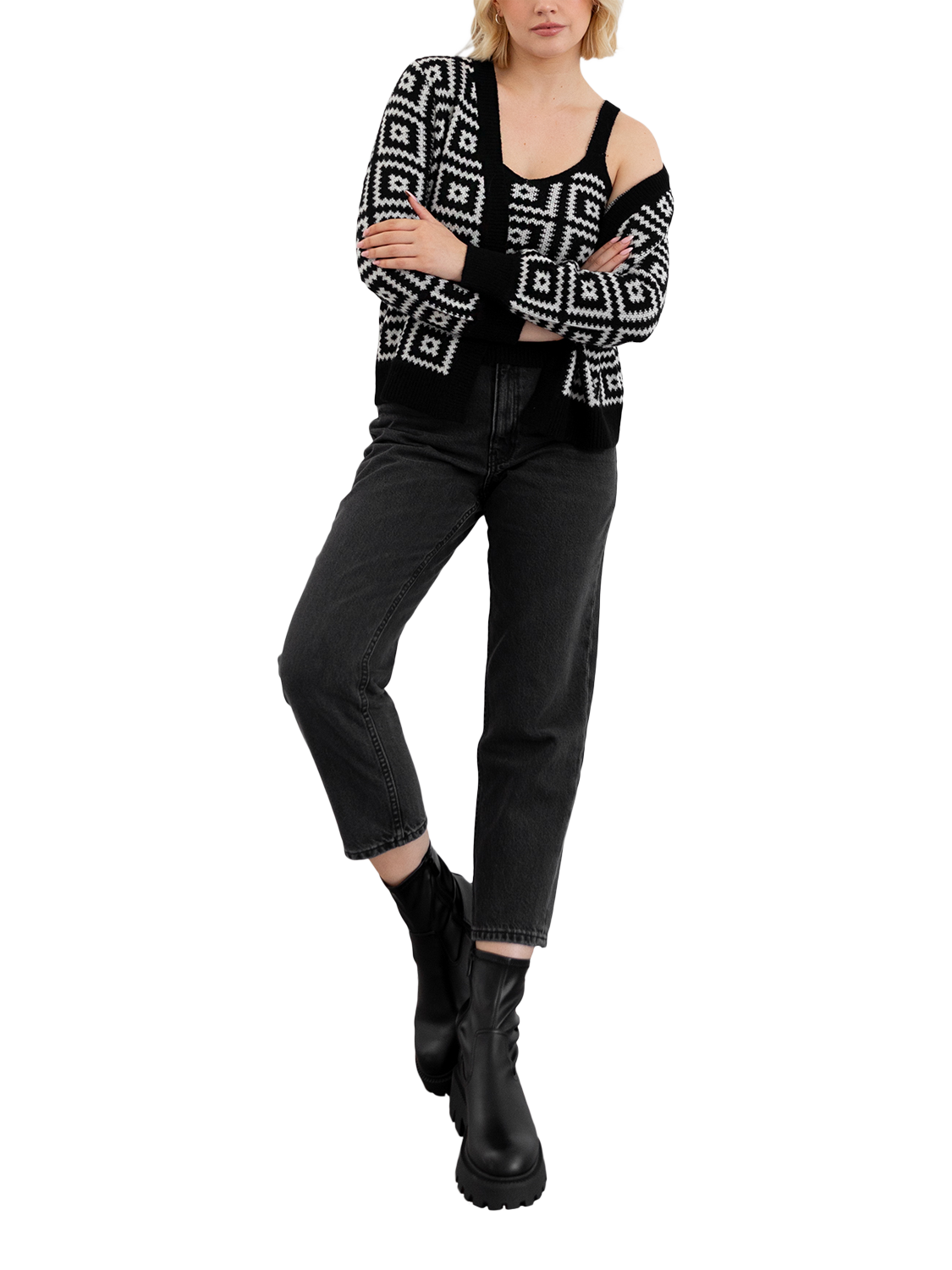 Product image 9 of 10, which shows Lovedrobe Geometric Knit Crop Top & Cardigan Set, Black, 8-10
