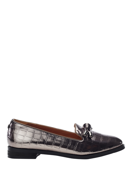 Moda In Pelle Fillipa Patent Mocc Croc Knotted Tassel Trim Loafers, Pewter