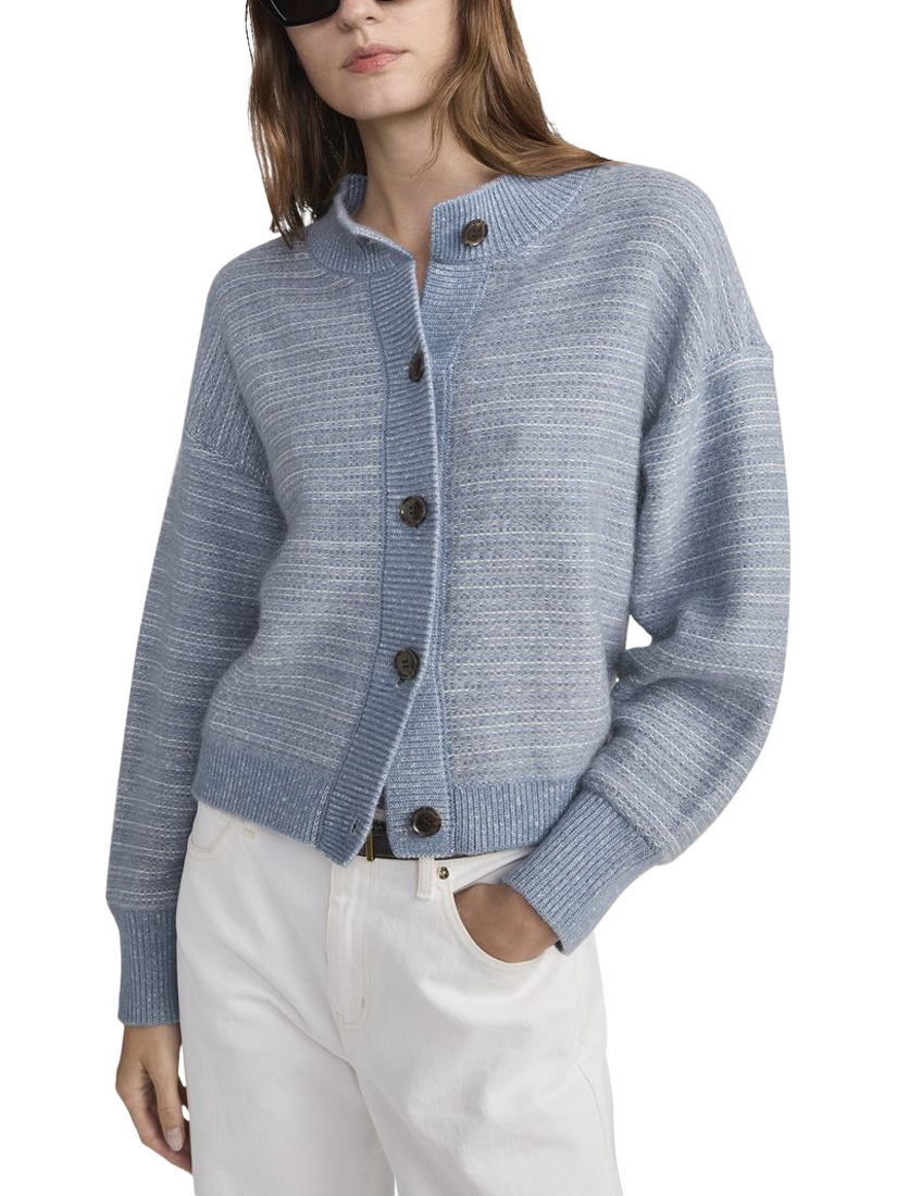 Product image 1 of 4, which shows FRAME Jacquard Stripe Wool Blend Cardigan, Light Blue, S
