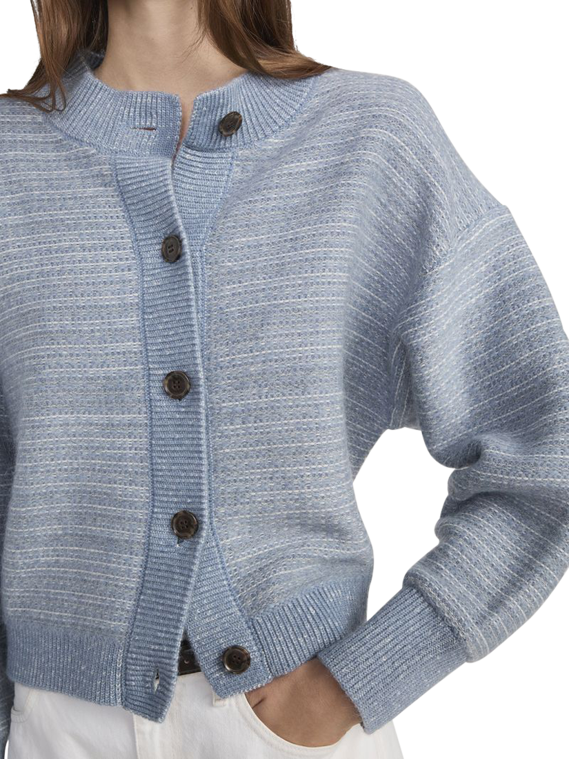Product image 2 of 4, which shows FRAME Jacquard Stripe Wool Blend Cardigan, Light Blue, S