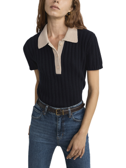 FRAME Cashmere Short Sleeve Contrast Trim Polo Shirt, Navy/Brown, Navy Multi