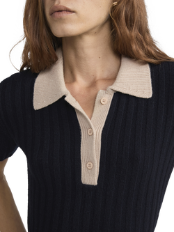 FRAME Cashmere Short Sleeve Contrast Trim Polo Shirt, Navy/Brown - view 2, Navy Multi