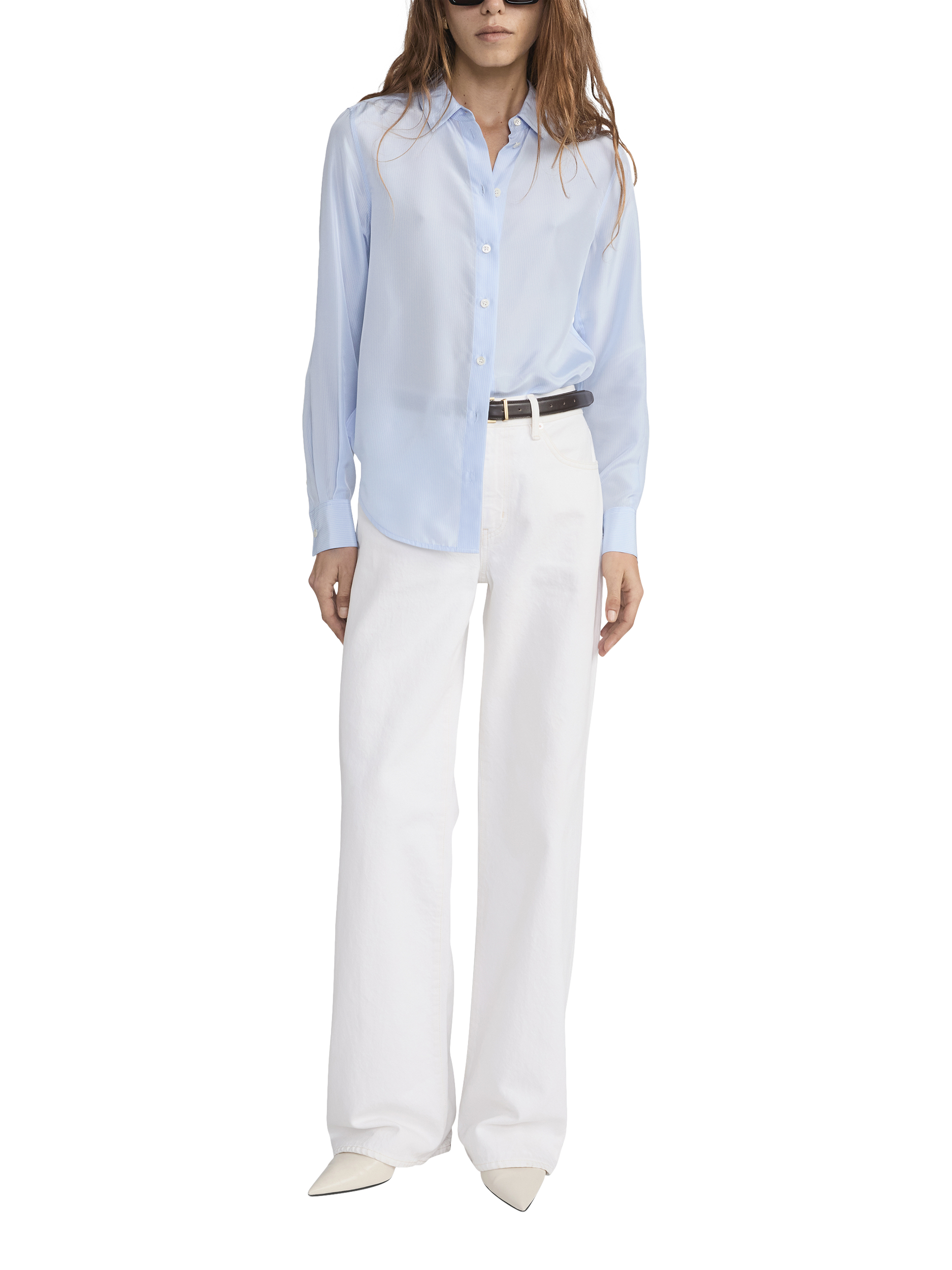 Product image 1 of 5, which shows FRAME Stripe Pure Silk Shirt, Blue/White, S