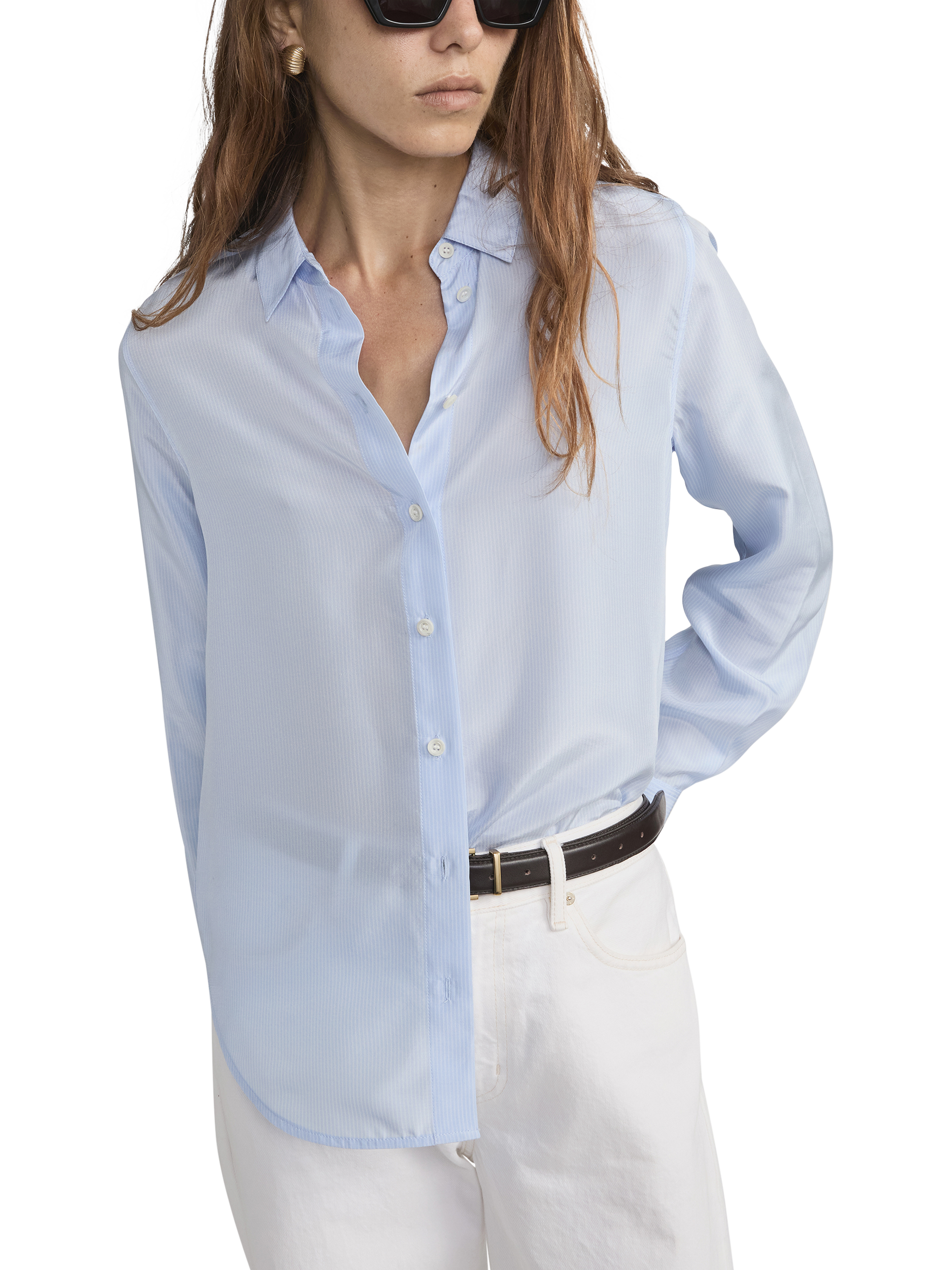 Product image 2 of 5, which shows FRAME Stripe Pure Silk Shirt, Blue/White, S