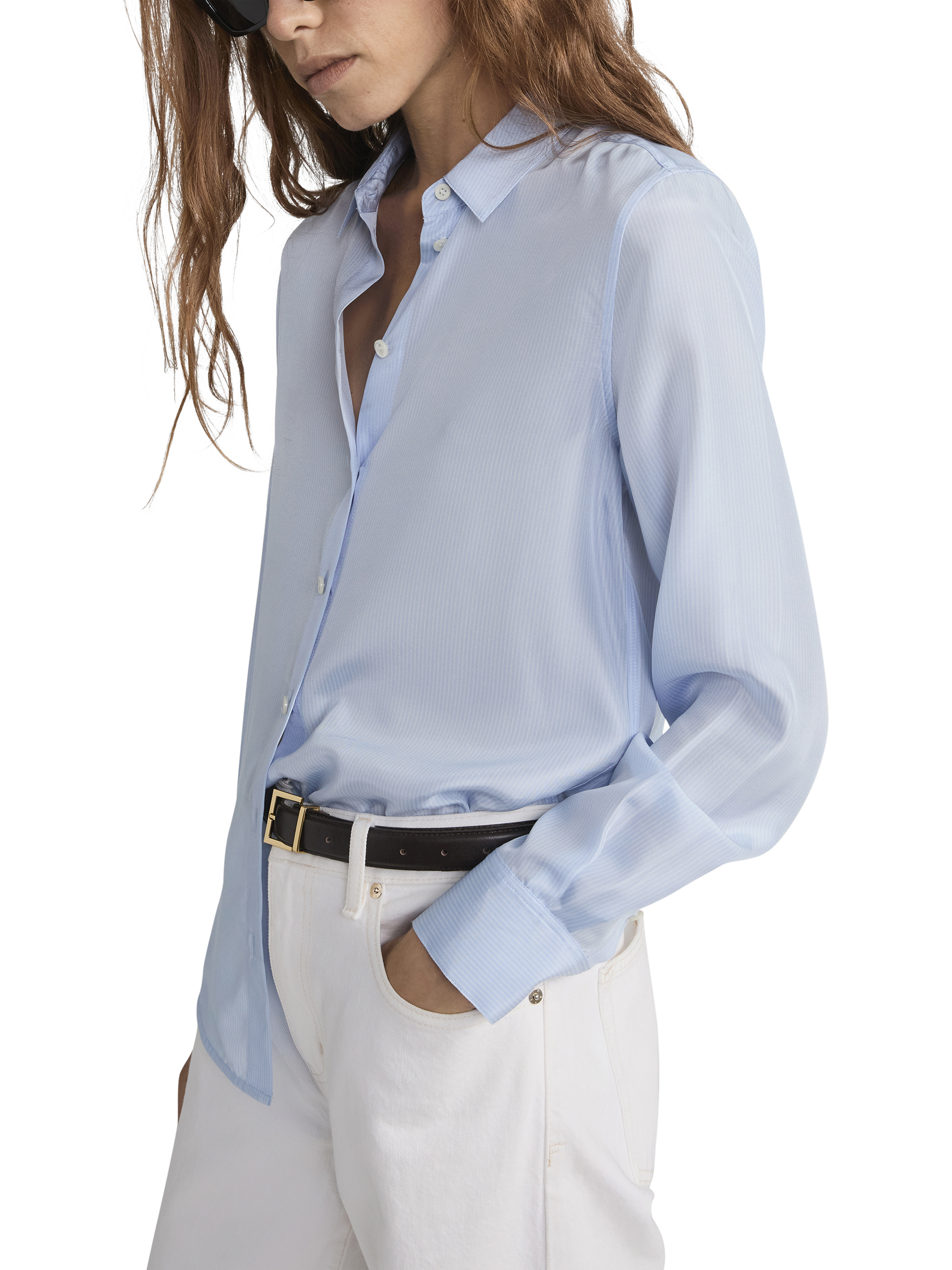 Product image 4 of 5, which shows FRAME Stripe Pure Silk Shirt, Blue/White, S