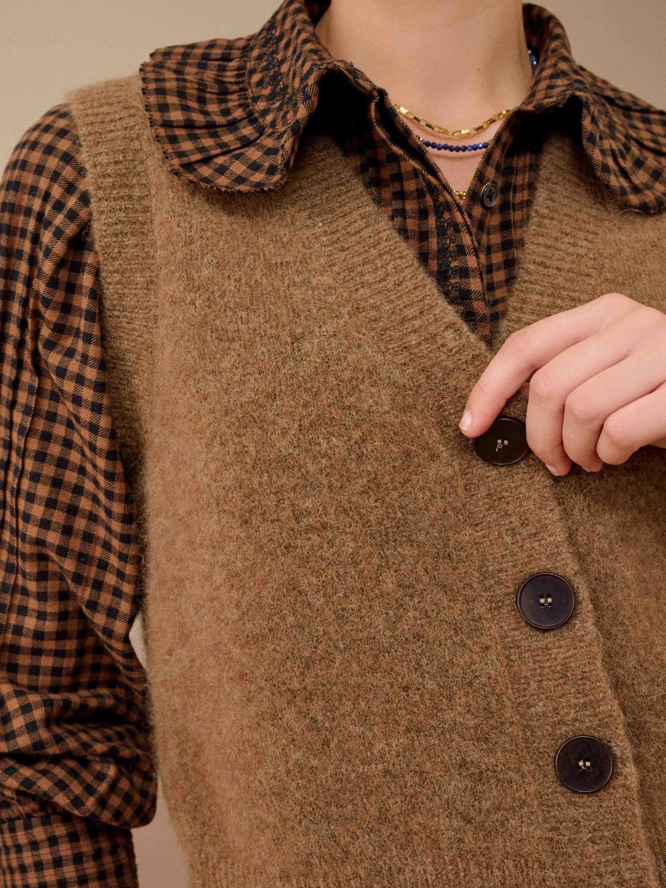 Product image 4 of 5, which shows Brora Alpaca-Merino Wool Blend V-Neck Waistcoat, Toffee, 8-10