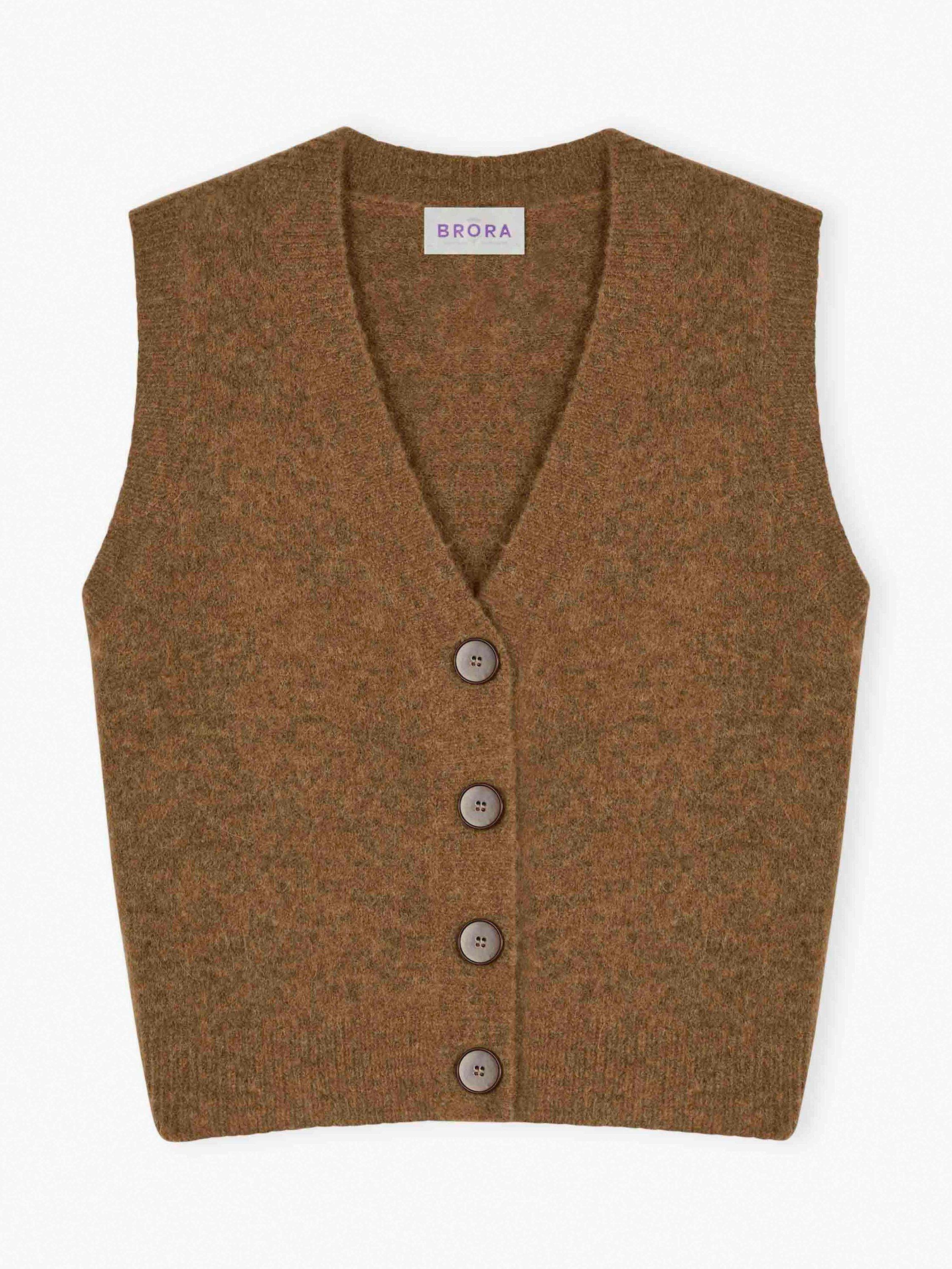 Product image 5 of 5, which shows Brora Alpaca-Merino Wool Blend V-Neck Waistcoat, Toffee, 8-10