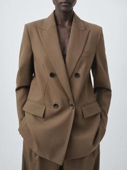 Mango Iris Double Breasted Blazer, Medium Brown, Medium Brown