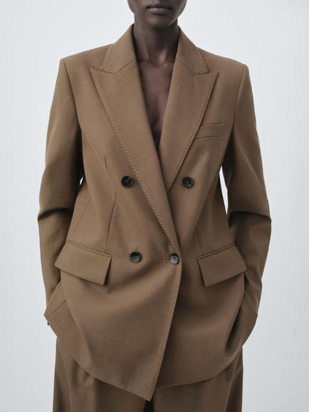 Mango Iris Double Breasted Blazer, Medium Brown, Medium Brown