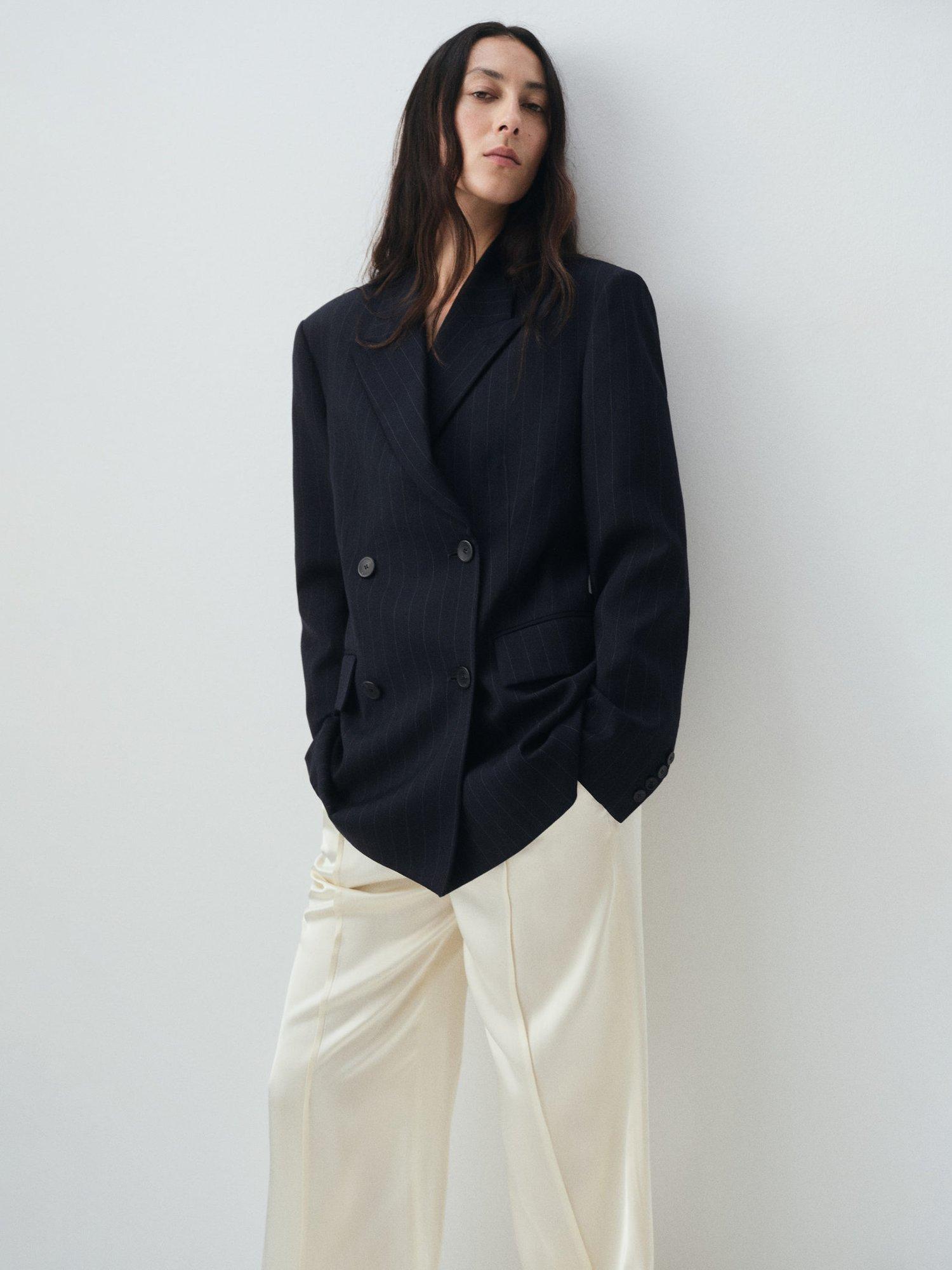 Product image 1 of 7, which shows Mango Varsovia Pinstripe Double Breasted Blazer, Navy, XXL