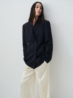 Mango Varsovia Pinstripe Double Breasted Blazer, Navy, Navy