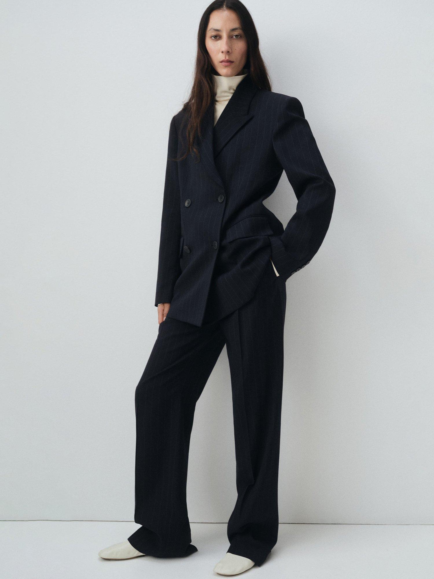 Product image 2 of 7, which shows Mango Varsovia Pinstripe Double Breasted Blazer, Navy, XXL