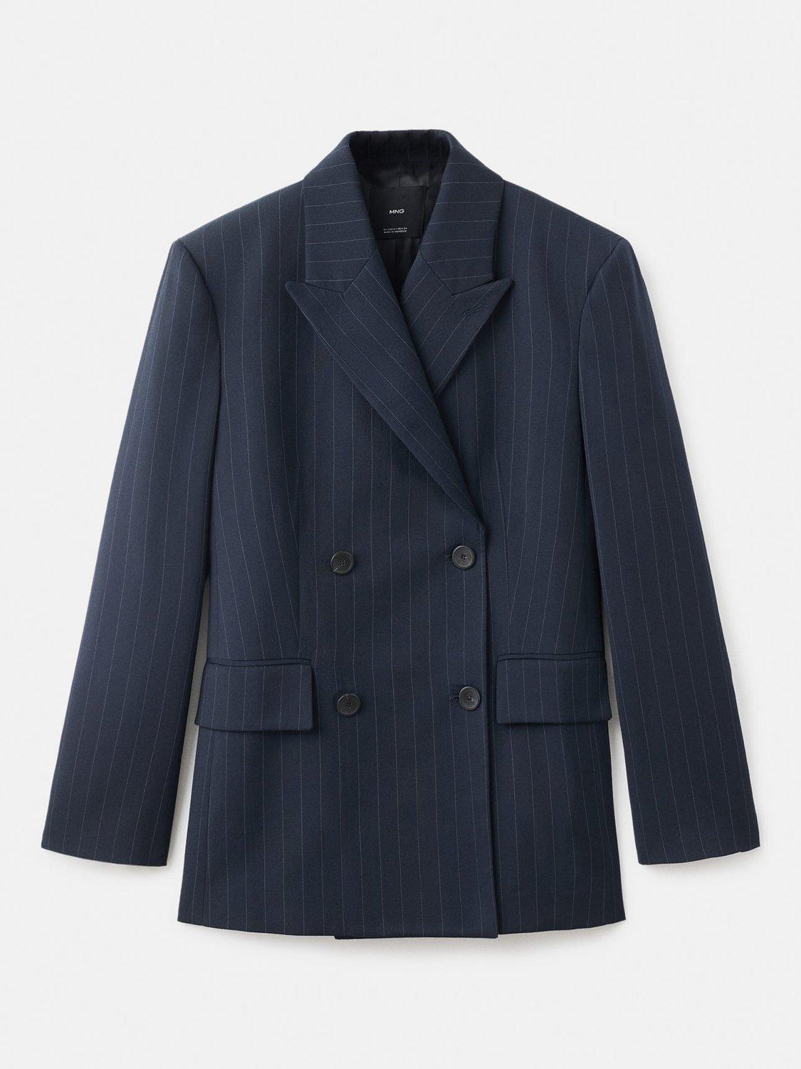 Product image 3 of 7, which shows Mango Varsovia Pinstripe Double Breasted Blazer, Navy, XXL