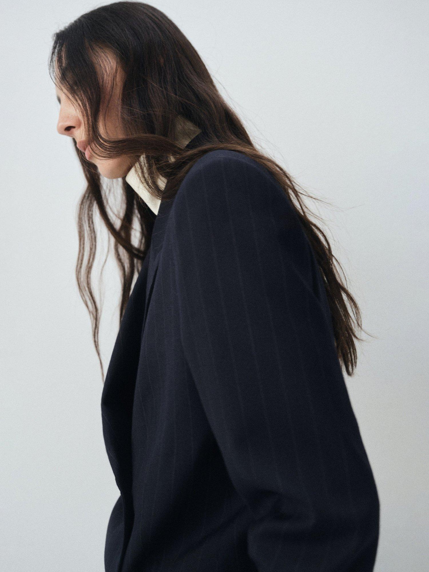 Product image 6 of 7, which shows Mango Varsovia Pinstripe Double Breasted Blazer, Navy, XXL