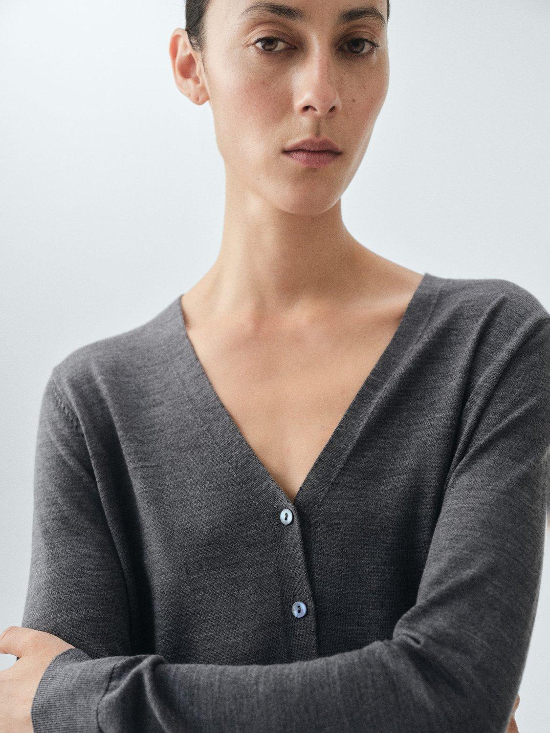 Product image 6 of 8, which shows Mango Kelly Wool V Neck Cardigan, Medium Grey, XS