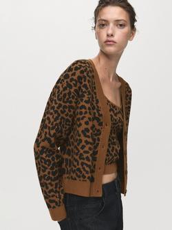 Mango Leona Leopard Print V Neck Cardigan, Medium Brown