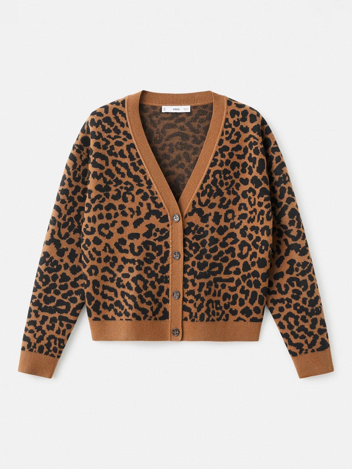 Product image 3 of 8, which shows Mango Leona Leopard Print V Neck Cardigan, Medium Brown, 5XL