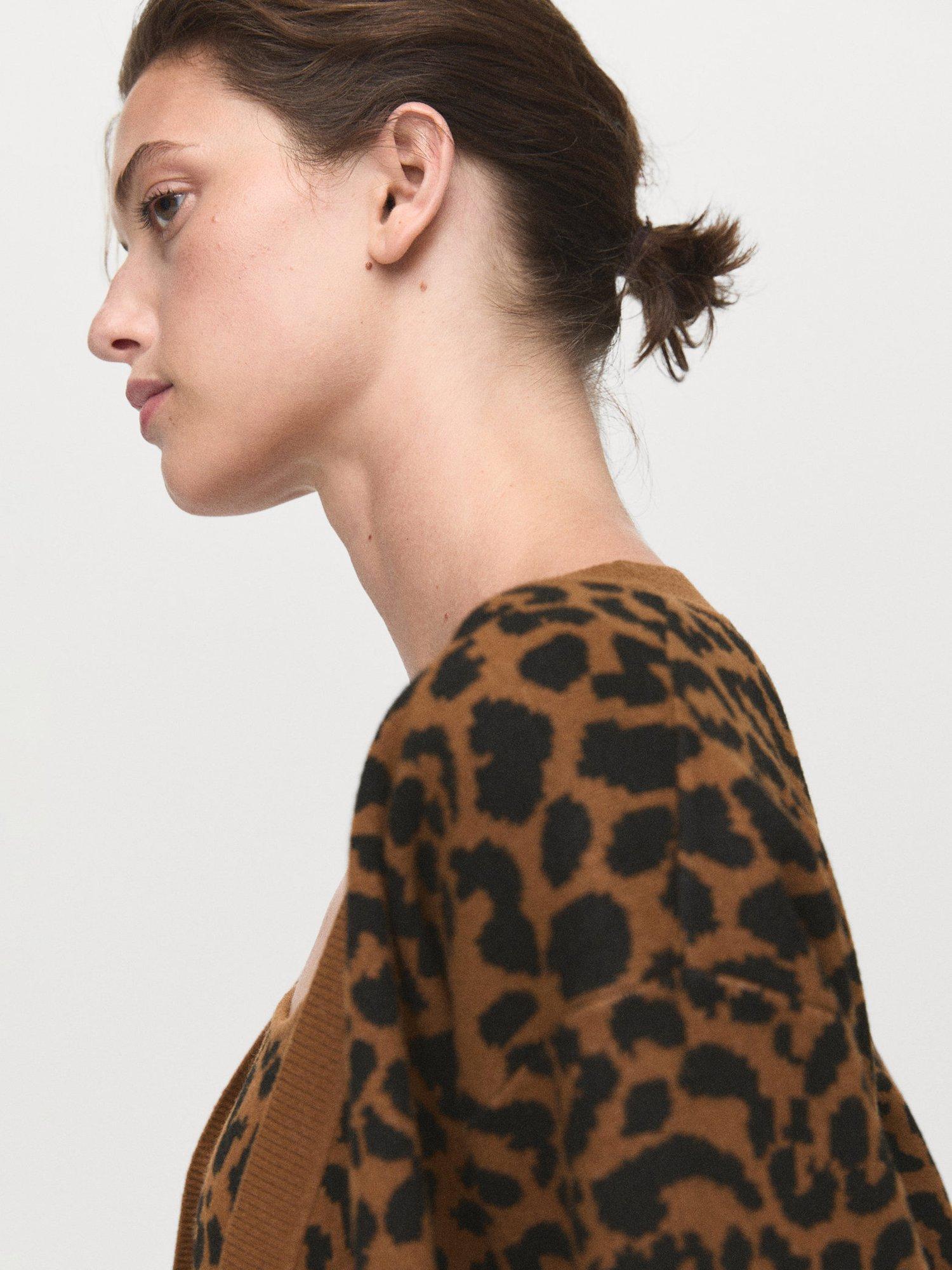 Product image 6 of 8, which shows Mango Leona Leopard Print V Neck Cardigan, Medium Brown, 5XL