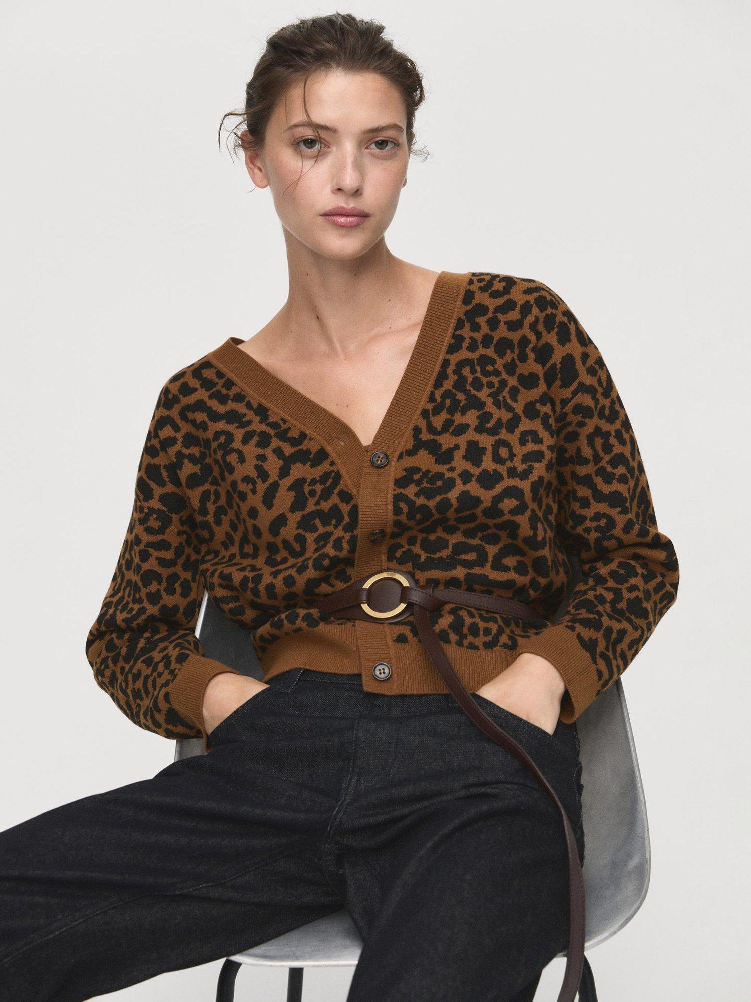 Product image 7 of 8, which shows Mango Leona Leopard Print V Neck Cardigan, Medium Brown, 5XL