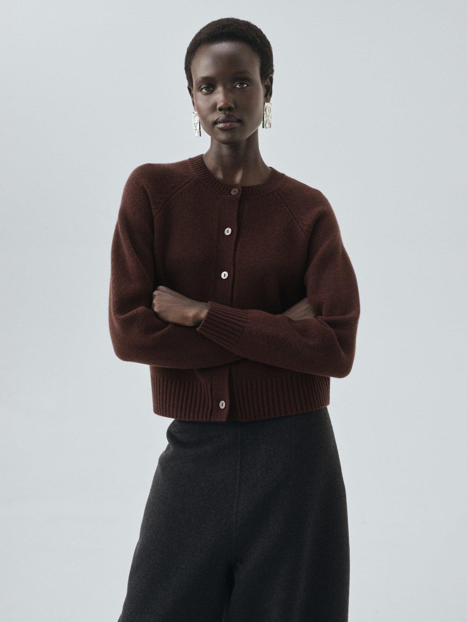 Product image 1 of 7, which shows Mango Scorpius Chunky Wool Rich Cardigan, Dark Brown, M