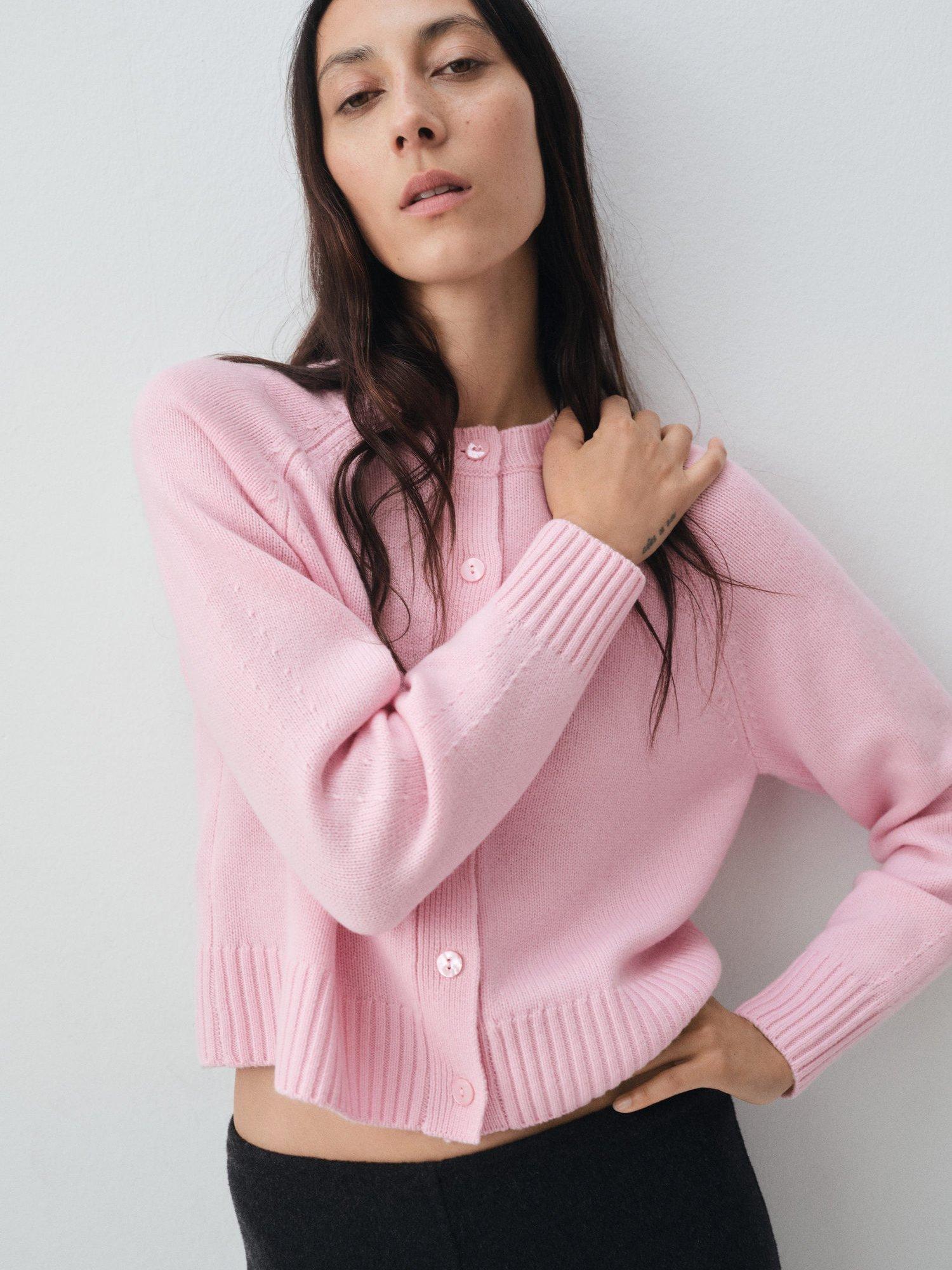 Product image 1 of 8, which shows Mango Scorpius Chunky Wool Rich Cardigan, Pink, S