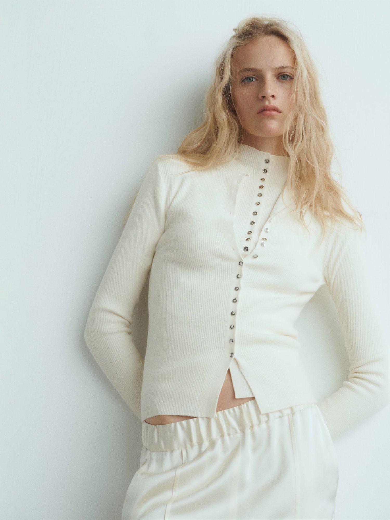 Mango Twenties Fine Ribbed Cardigan, Light Beige