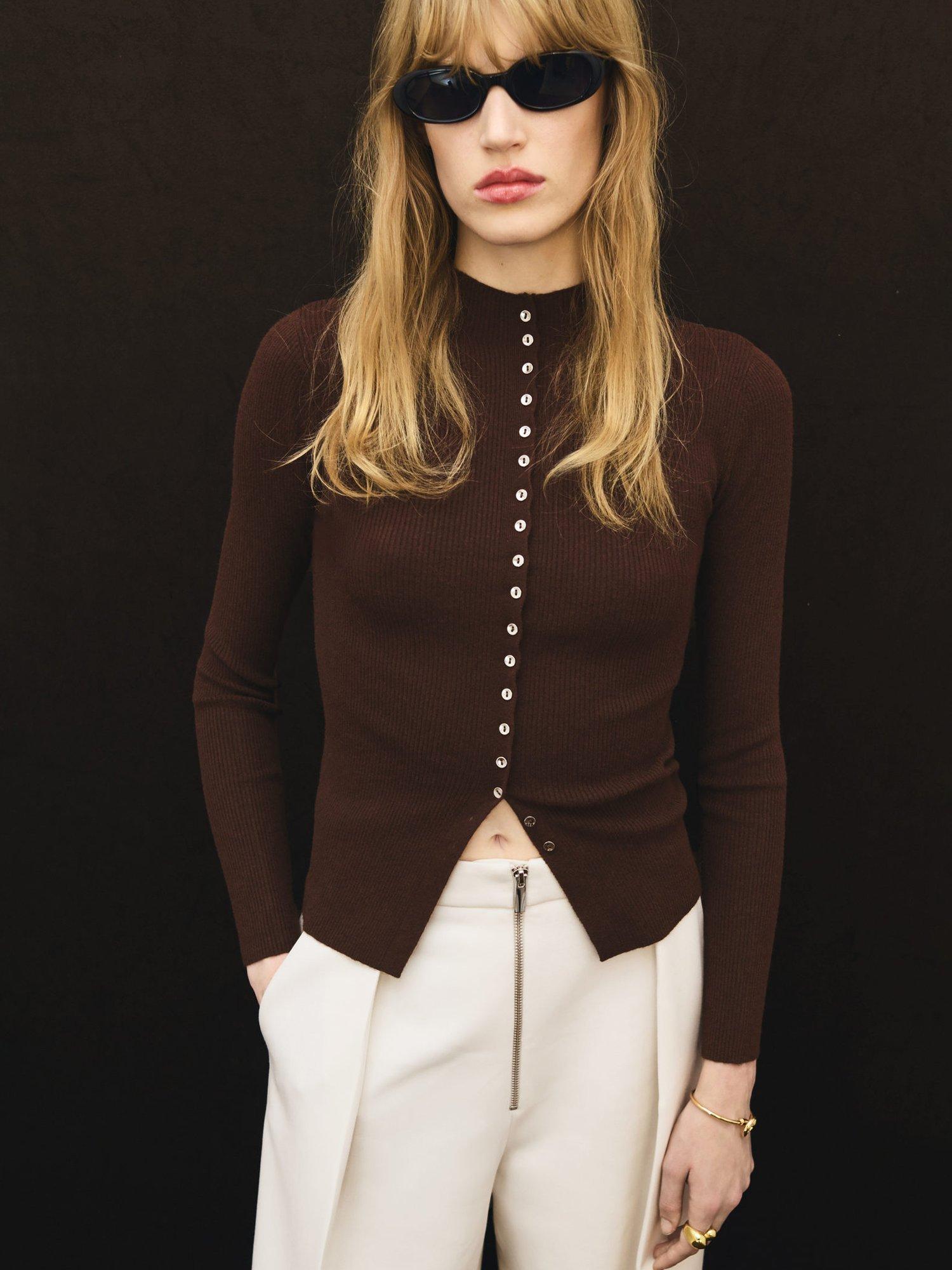 Product image 1 of 8, which shows Mango Twenties Fine Ribbed Cardigan, Dark Brown, XS