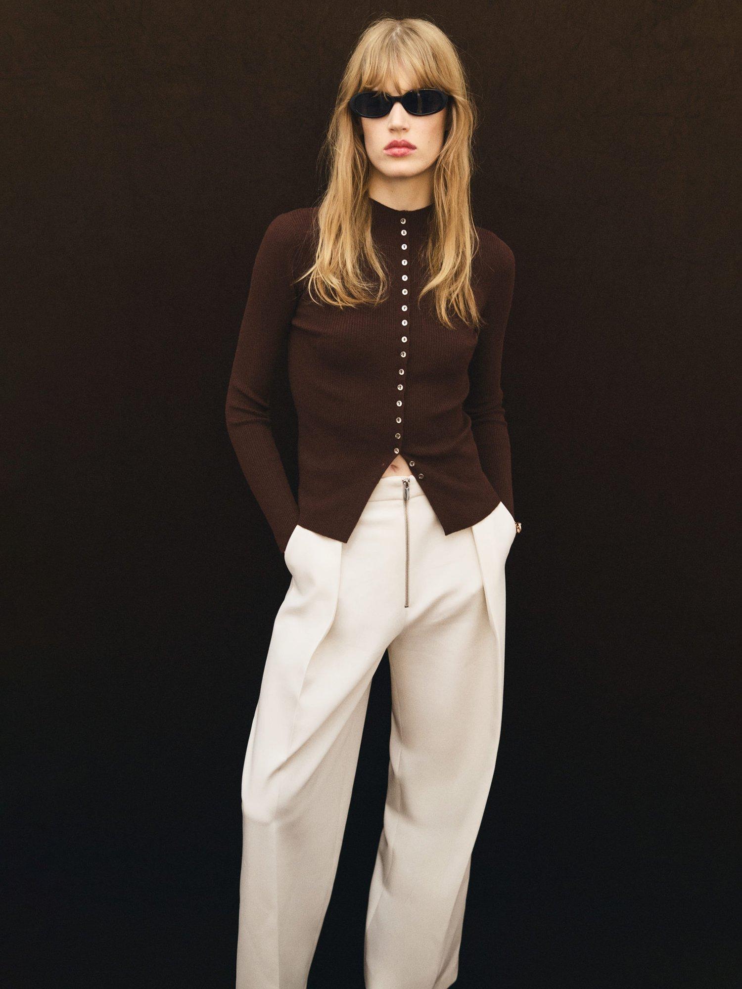 Product image 2 of 8, which shows Mango Twenties Fine Ribbed Cardigan, Dark Brown, XS