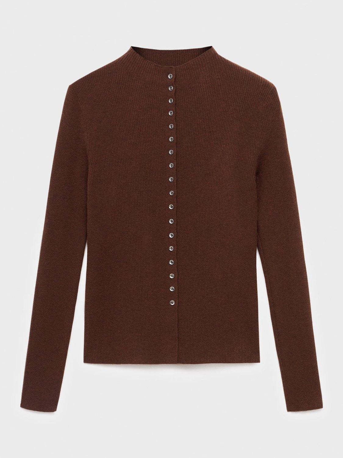 Product image 3 of 8, which shows Mango Twenties Fine Ribbed Cardigan, Dark Brown, XS