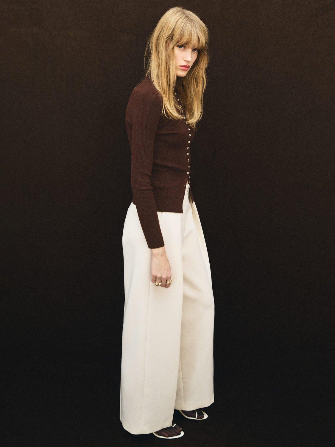 Product image 6 of 8, which shows Mango Twenties Fine Ribbed Cardigan, Dark Brown, XS