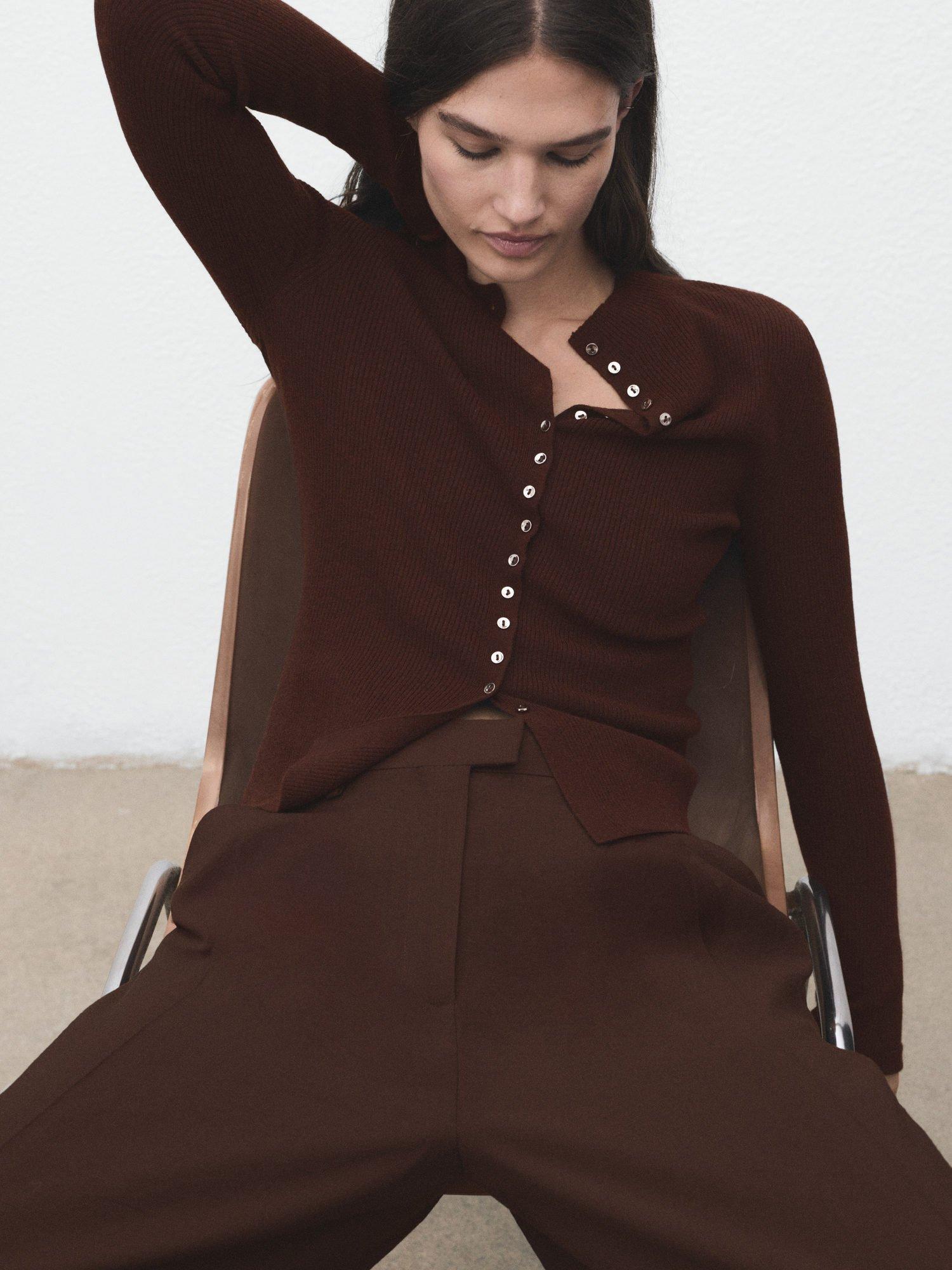 Product image 7 of 8, which shows Mango Twenties Fine Ribbed Cardigan, Dark Brown, XS