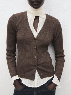 Mango Vana Ribbed Cardigan, Dark Brown, Dark Brown