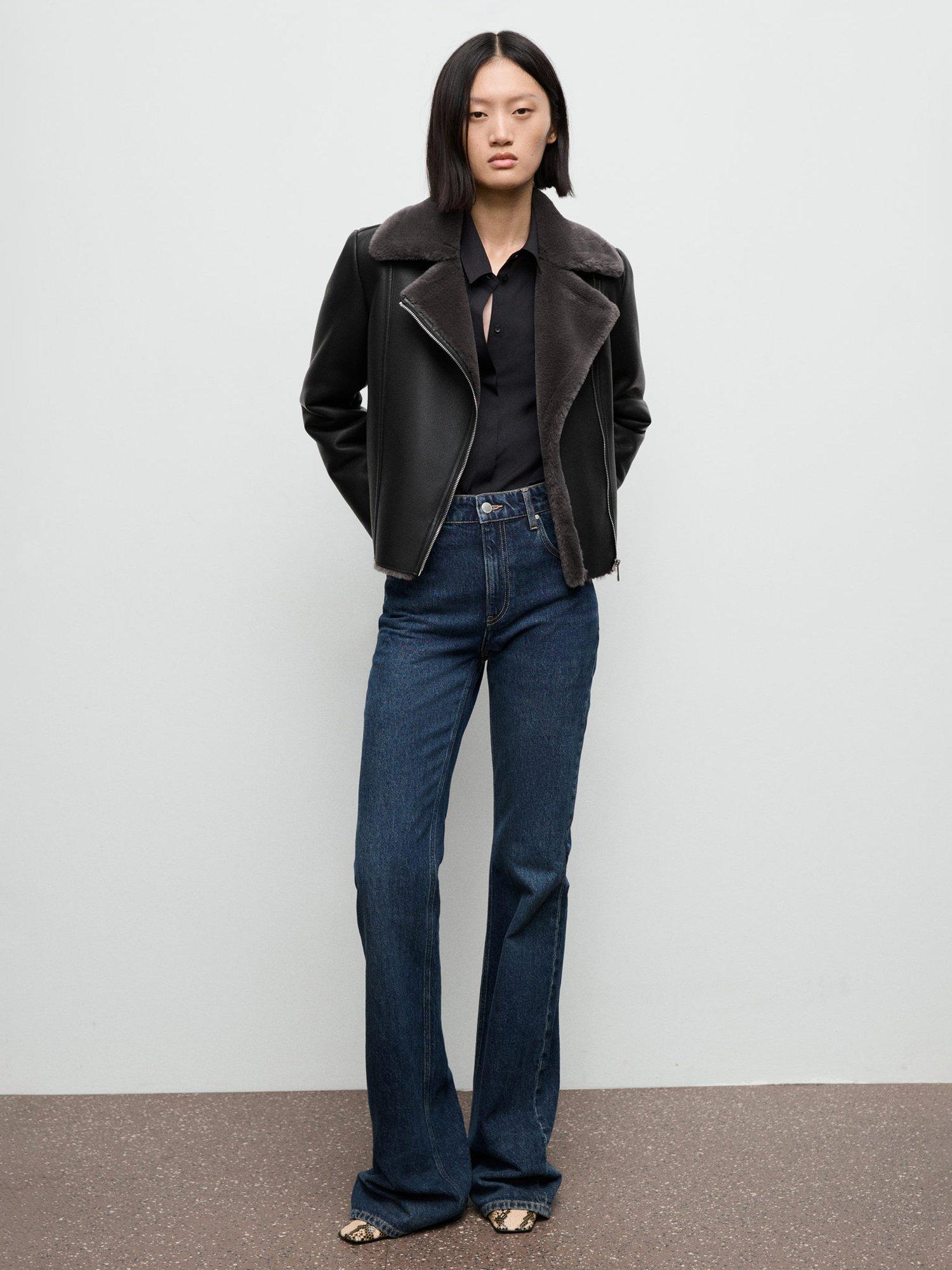 Product image 1 of 8, which shows Mango Cadi Faux Fur Collar Biker Jacket, Black, XXXL