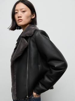 Mango Cadi Faux Fur Collar Biker Jacket, Black - view 2, Black