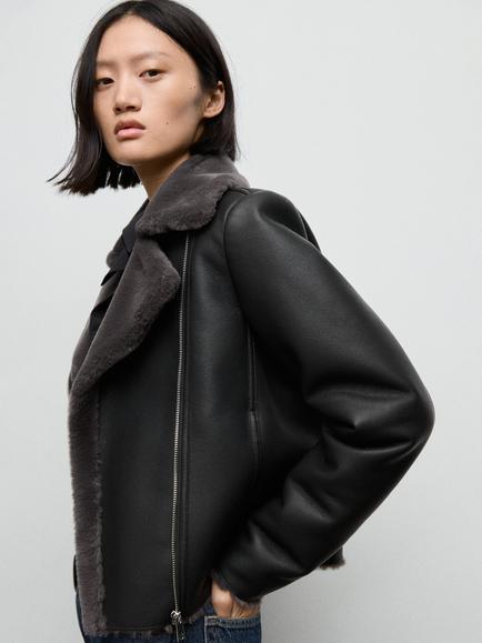 Mango Cadi Faux Fur Collar Biker Jacket, Black - view 2, Black
