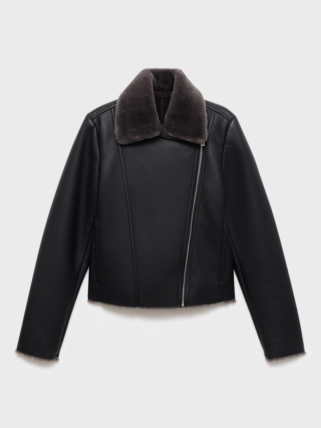 Product image 3 of 8, which shows Mango Cadi Faux Fur Collar Biker Jacket, Black, XXXL