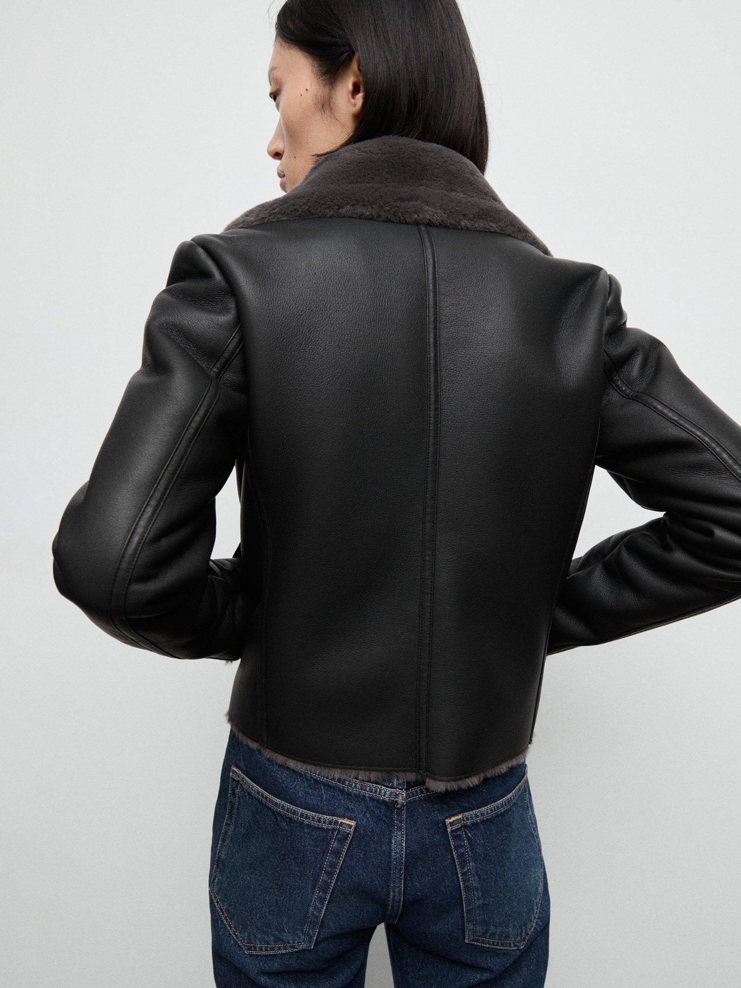 Product image 4 of 8, which shows Mango Cadi Faux Fur Collar Biker Jacket, Black, XXXL