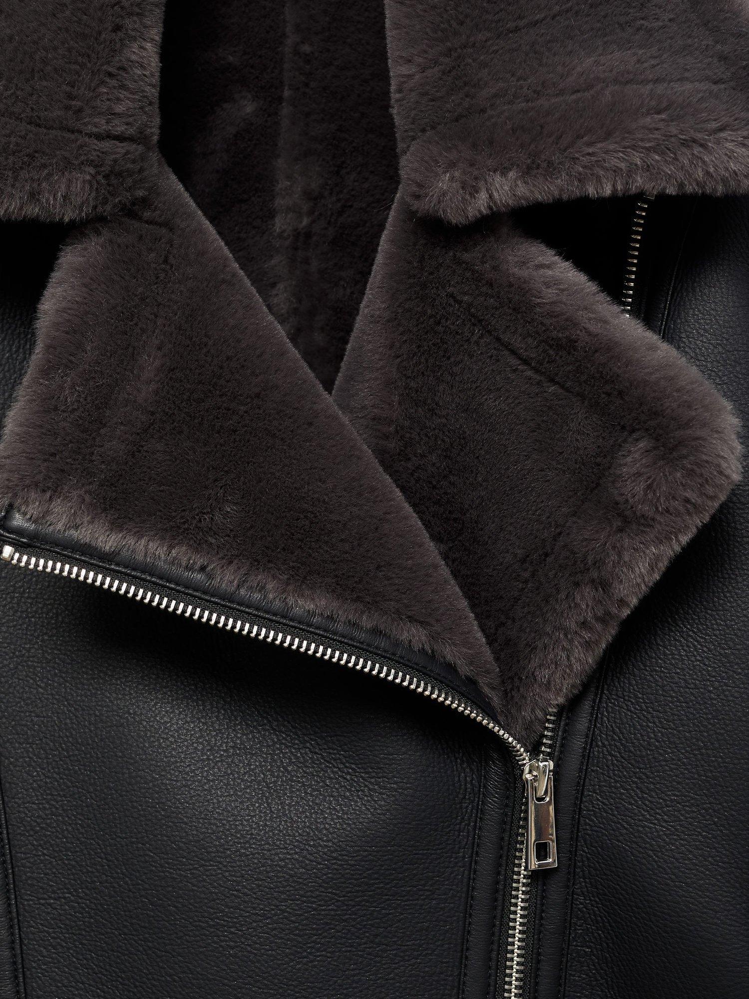 Product image 8 of 8, which shows Mango Cadi Faux Fur Collar Biker Jacket, Black, XXXL