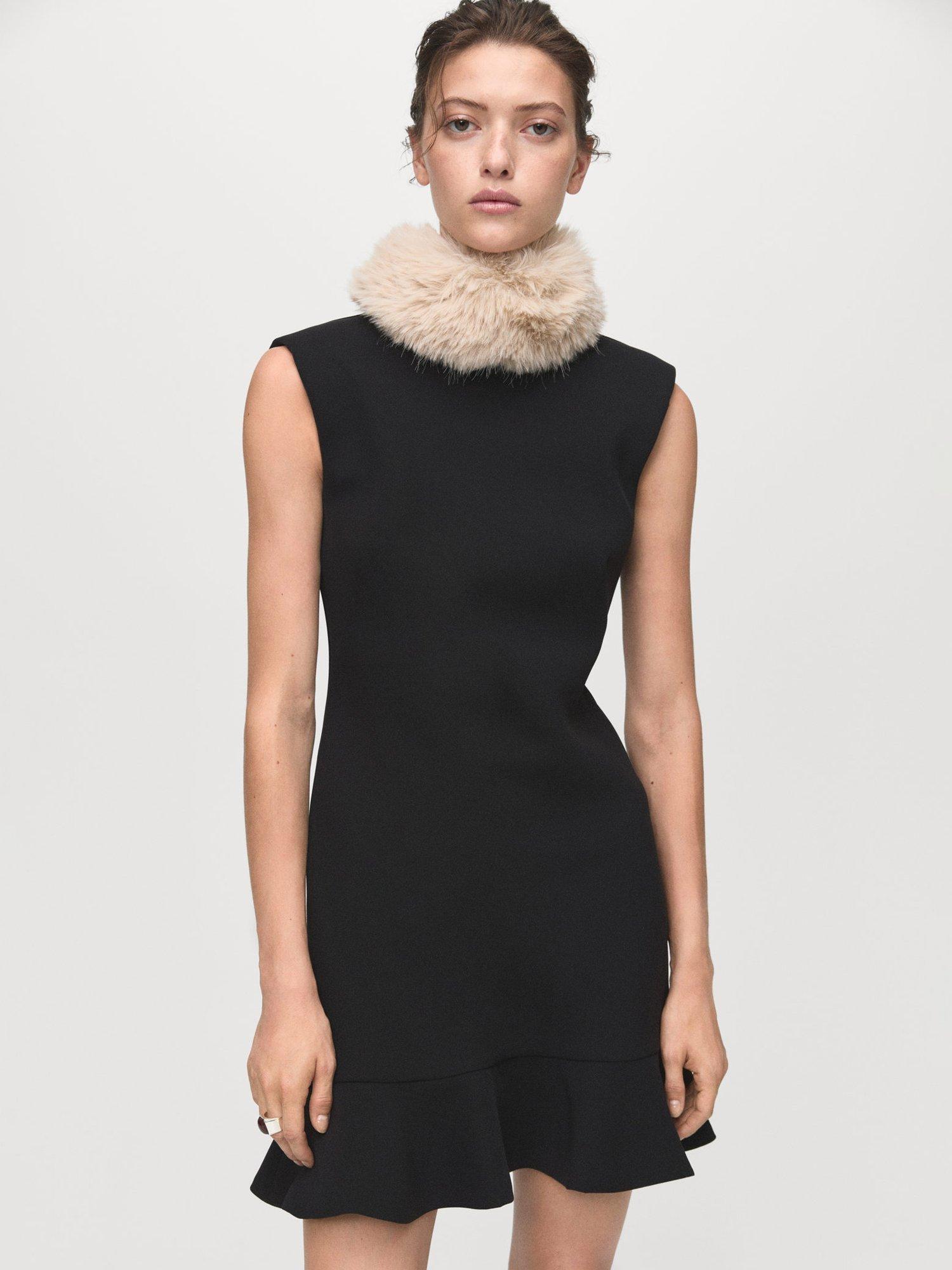 Product image 1 of 8, which shows Mango Landa Sleeveless High Neck Ruffle Hem Mini Sheath Dress, Black, 10