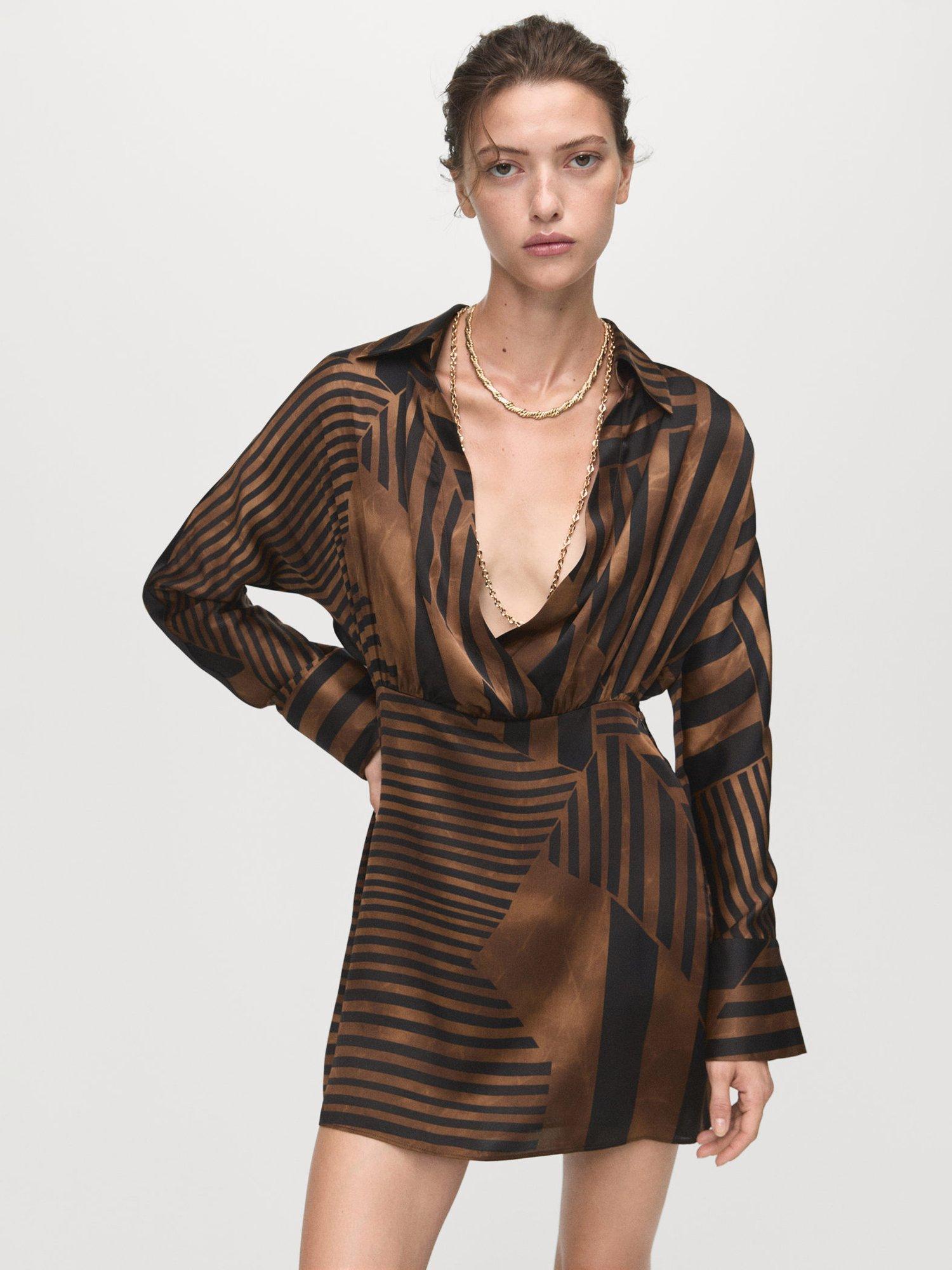Product image 1 of 7, which shows Mango Trini Stripe Satin Mini Dress, Brown, 4