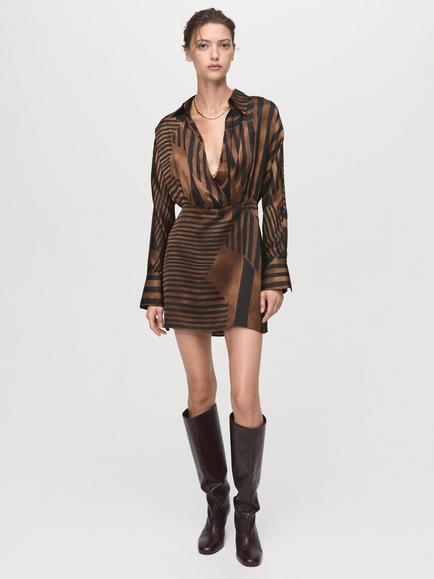 Mango Trini Stripe Satin Mini Dress, Brown - view 2, Brown
