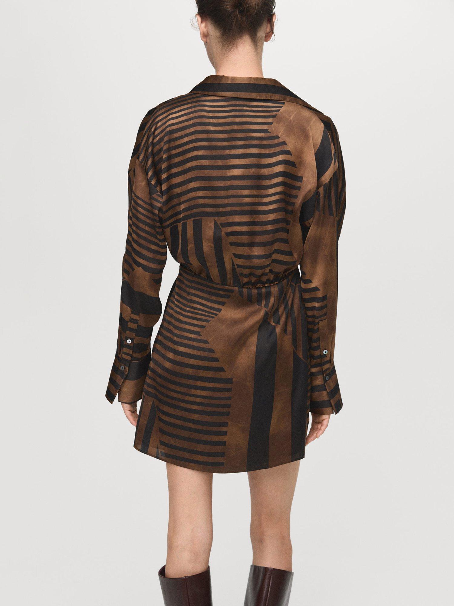 Product image 4 of 7, which shows Mango Trini Stripe Satin Mini Dress, Brown, 4
