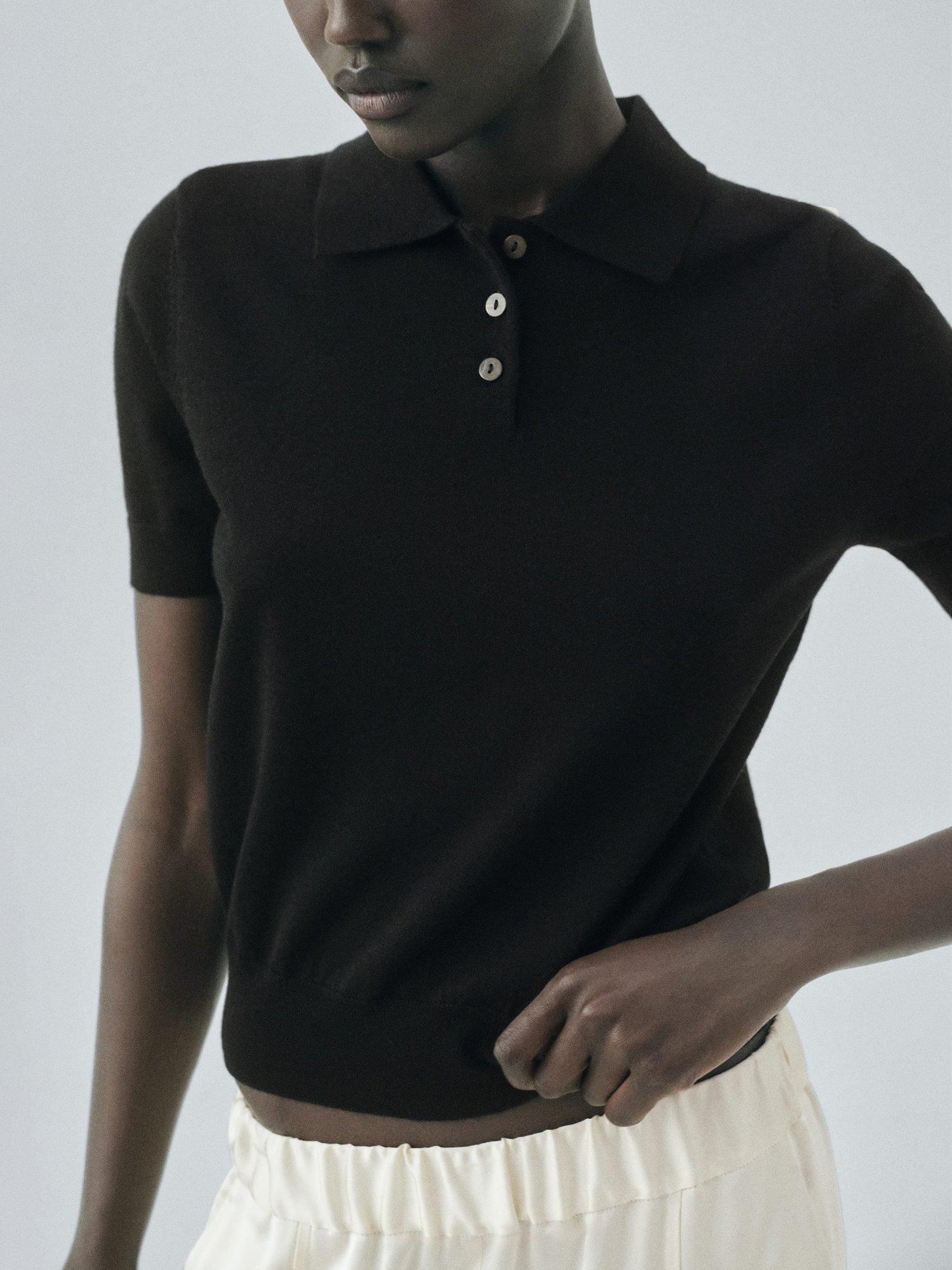 Product image 1 of 7, which shows Mango Kellita Pure Wool Polo Knit Top, Black, XL