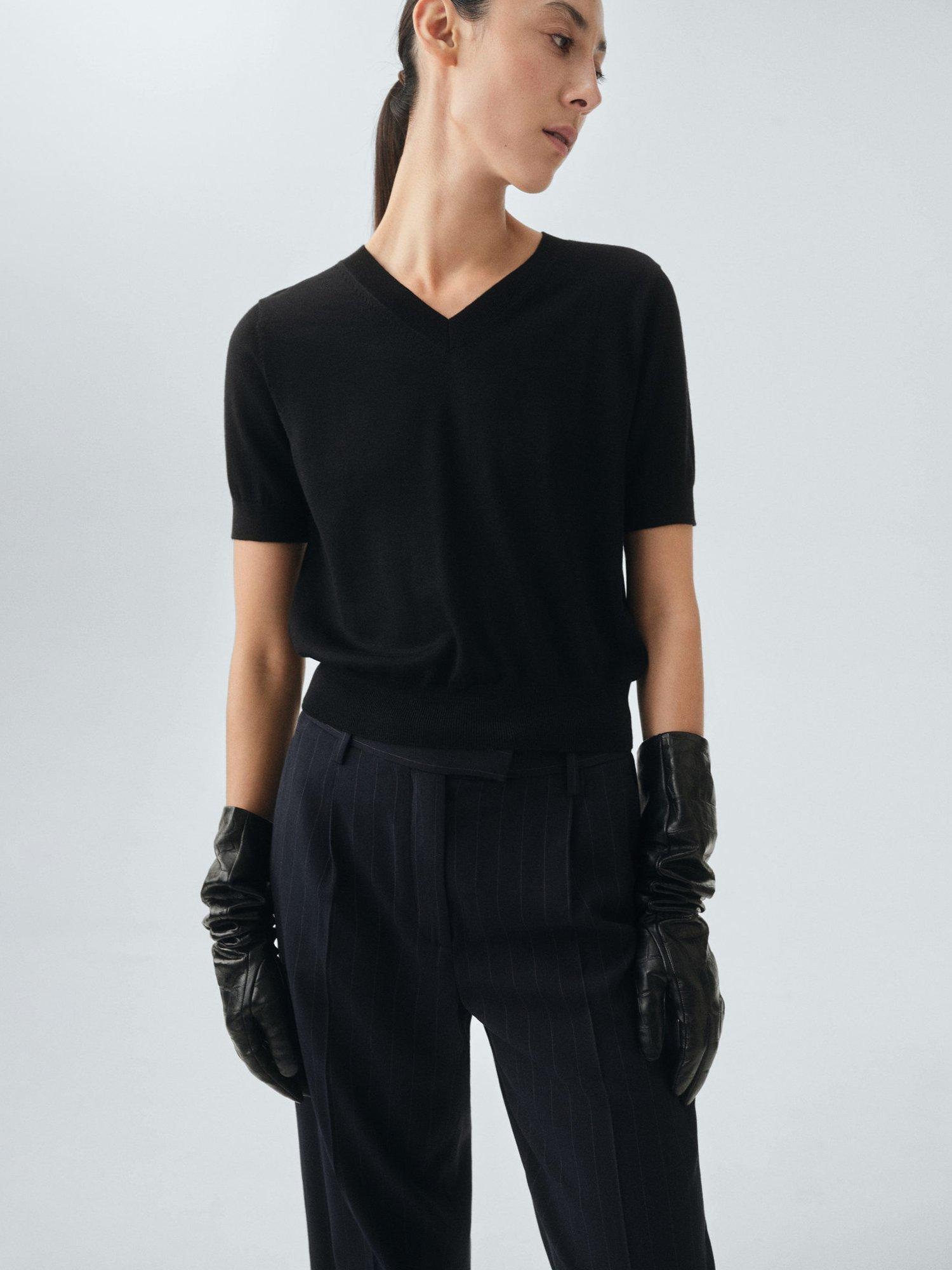 Product image 1 of 7, which shows Mango Kelly Wool Short Sleeve V Neck Jumper, Black, XS