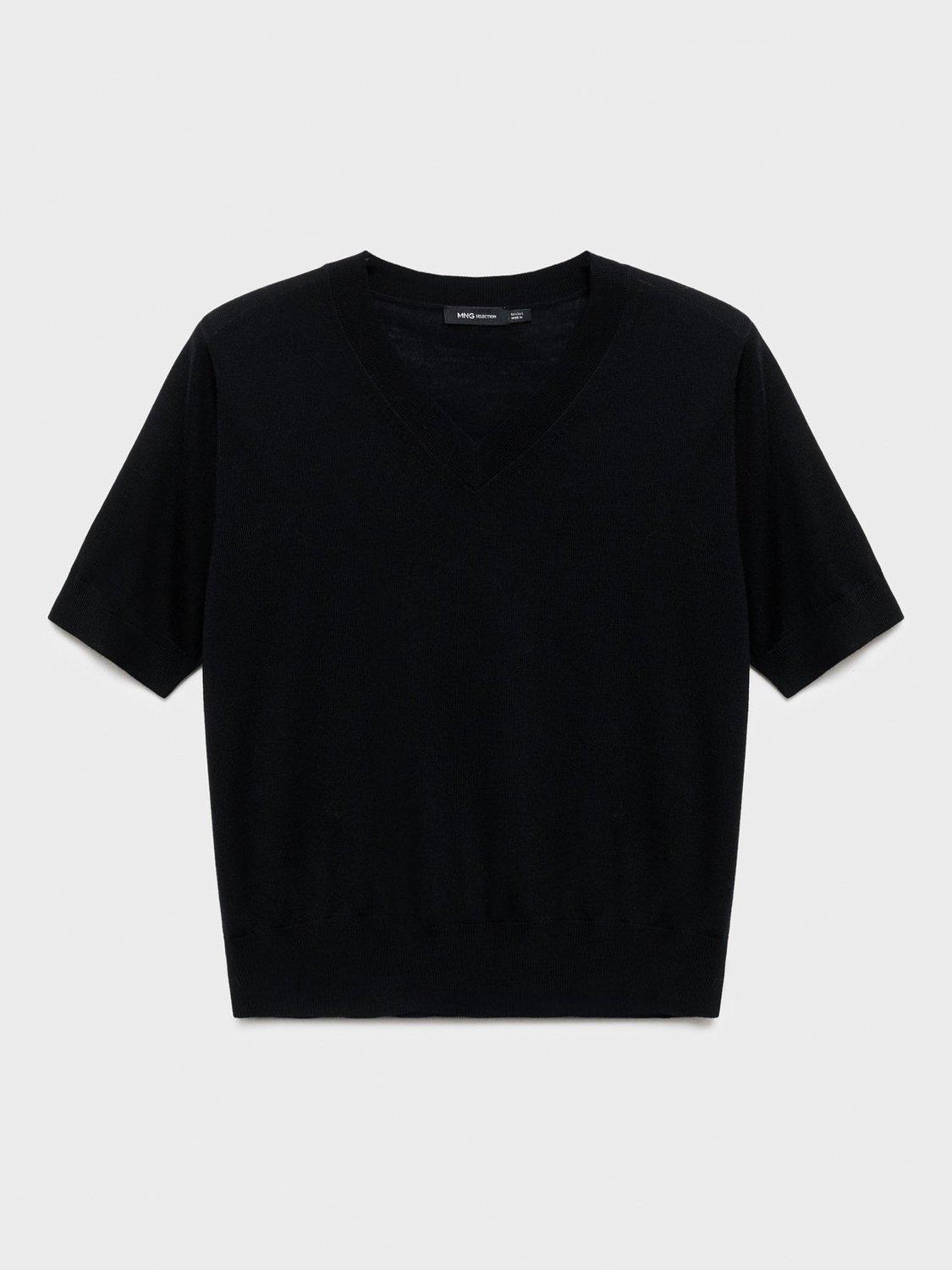 Product image 3 of 7, which shows Mango Kelly Wool Short Sleeve V Neck Jumper, Black, XS